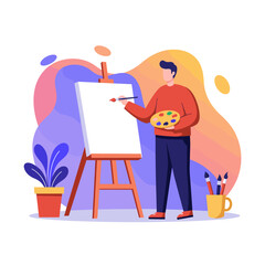Artist at Work: A male artist stands before an easel, paintbrush in hand, meticulously applying color to a blank canvas. He holds a palette with vibrant colors.