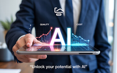 Businessperson showcasing AI technology with visual graph showing increased quality and reduced cost for innovation and efficiency