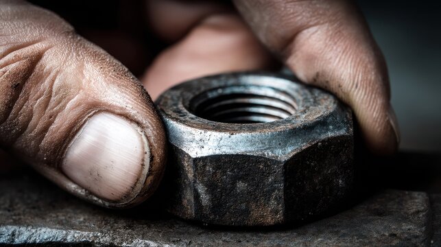 Hands engaged in a meticulous task of tightening a large industrial nut, showcasing the intricacies of manual labor and craftsmanship
