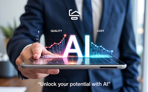 Businessperson showcasing AI technology with visual graph showing increased quality and reduced cost for innovation and efficiency