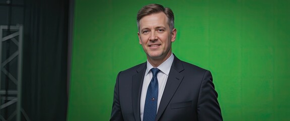 Portrait of a man in a suit standing in front of a green screen in a studio setting with lighting equipment