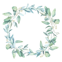 Watercolor wedding vintage wreath with eucalyptus branches. Hand drawn floral isolated illustration on white background. © natikka