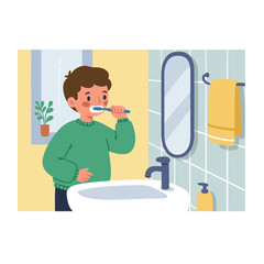 Daily Ritual: A young individual diligently brushes their teeth in a bathroom setting, embracing a healthy daily routine and hygiene.