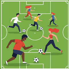 Fototapeta premium Soccer Game Illustration: A vibrant illustration captures the dynamism of a soccer game, showcasing players in action across the green field.