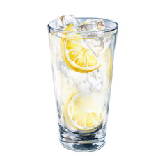 Tom Collins cocktail with gin, lemon juice and soda bubbles. Watercolor illustration on transparent background.
