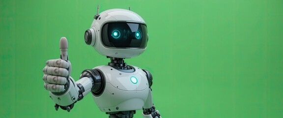 A white robot with glowing blue eyes giving a thumbs up in front of a green background studio shot