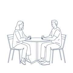 Couple enjoying moment together: Two figures engaged in a serene moment, seated at a round table with drinks in their hands. The scene evokes a sense of quiet connection and shared experience.