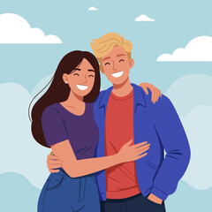 Affectionate Embrace: A warm, illustrated scene of a smiling couple enjoying a close embrace, radiating joy and connection amidst a serene, cloud-filled sky.