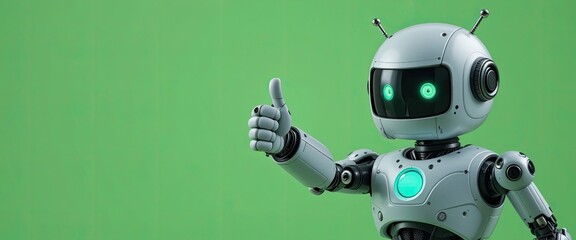 Naklejka premium A cute robot giving a thumbs up with green eyes and a green background in a studio setting
