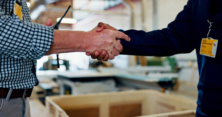 Men, engineer and handshake for carpentry at warehouse for partnership, agreement and construction...