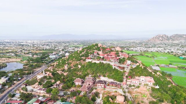 Aerial View Pan of the Buddhist temple in Phan Rang&ndash;Th&aacute;p Ch&agrave;m in the morning.