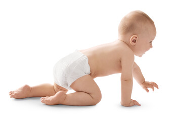 Cute little baby crawling on white background