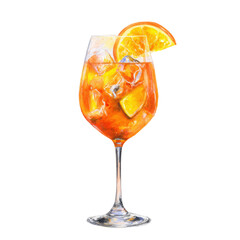 Aperol Spritz cocktail with orange slice and ice cubes, watercolor illustration, transparent background