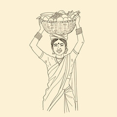 Indian woman carrying fruit basket on head