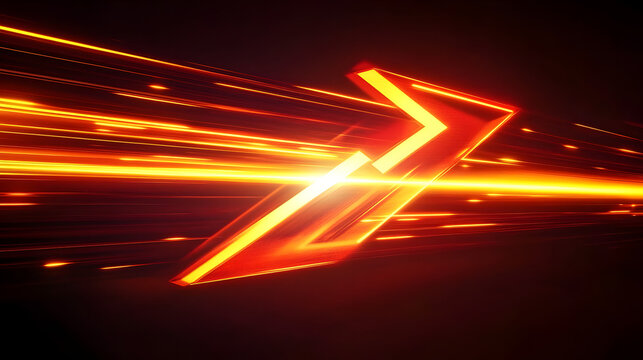 Abstract red neon light arrow speed background. Futuristic glow tech gamer graphic for banner. Fast move cyber casino design with yellow led beam. 3d triangle perspective dynamic digital party bg.