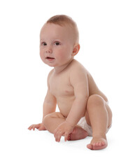 Cute little baby sitting on white background