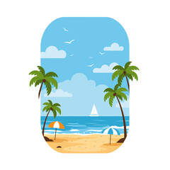 Tropical beach scene with palm trees and umbrellas