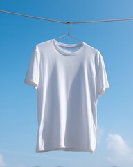 White t-shirt gracefully suspended against a vibrant blue sky, creating a minimalist fashion mockup with serene colors and uncluttered design