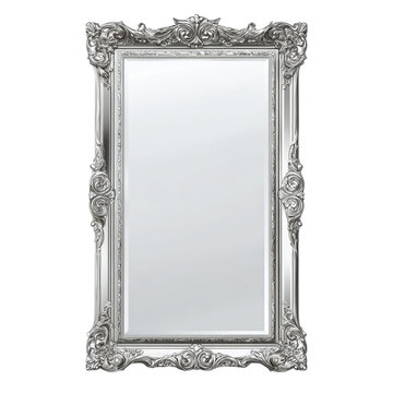 Naklejki Ornate silver mirror with intricate floral and scrollwork frame, elegant vintage style decor reflecting light beautifully