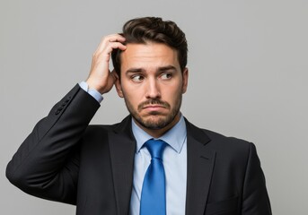 A man in a suit scratching his head with a confused expression looking to the side in a studio shot