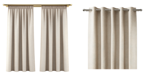 Beige curtain panel and beige curtain with grommet top on metal rods, modern window treatment for home decor, soft fabric texture