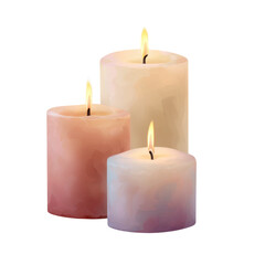 Trio of lit candles in soft pastel colors creating warm and cozy ambiance perfect for decor and relaxation