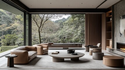 Modern living room with a stunning view of a lush garden