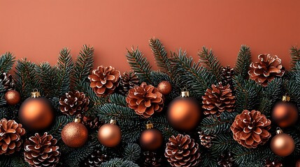 Festive border of pine cones, branches, and ornaments