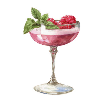 Clover Club cocktail crowned with raspberry foam. Watercolor illustration on transparent background.