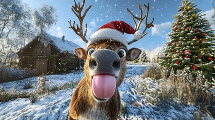 Playful reindeer in winter wonderland with Christmas cheer.