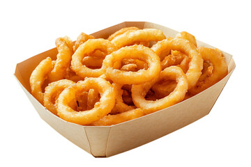 Crispy Golden Onion Rings in a Paper Box on transparent background