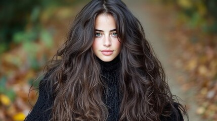Fototapeta premium Young woman with long, wavy hair in a black sweater outdoors