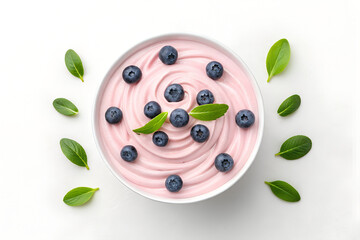 Creamy Pink Yogurt Bowl with Fresh Blueberries and Mint Leaves