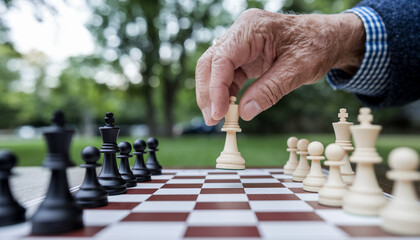 Close-up of senior hand moving chess piece during outdoor game

