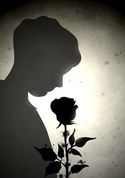 Romantic young boy holding flower. Vintage retro silhouette art