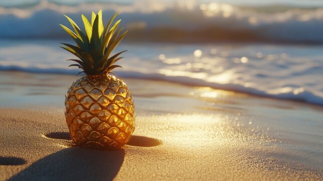 Golden Pineapple on Sandy Beach at Sunset