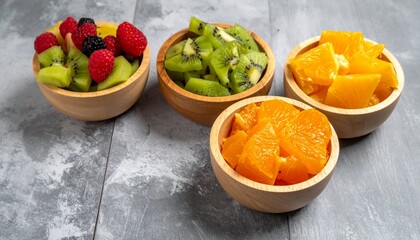  different slice fruit in different small wooden bowl