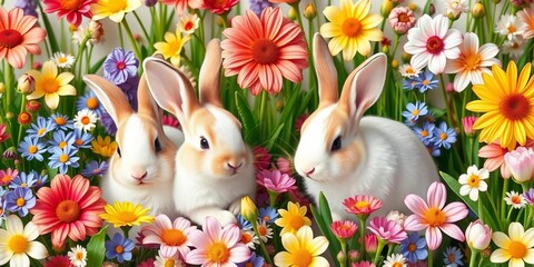 Adorable bunnies surrounded by colorful spring flowers in a seamless repeat pattern, vibrant, spring flowers