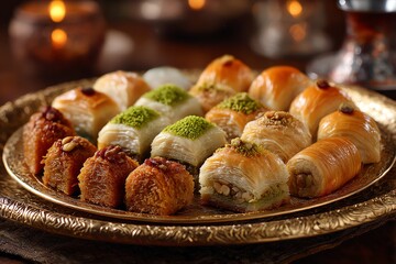 Delicious assortment of Middle Eastern sweets including baklava, kunafa, and maamoul served on a gold-rimmed platter, perfect for festive and gourmet food themes.