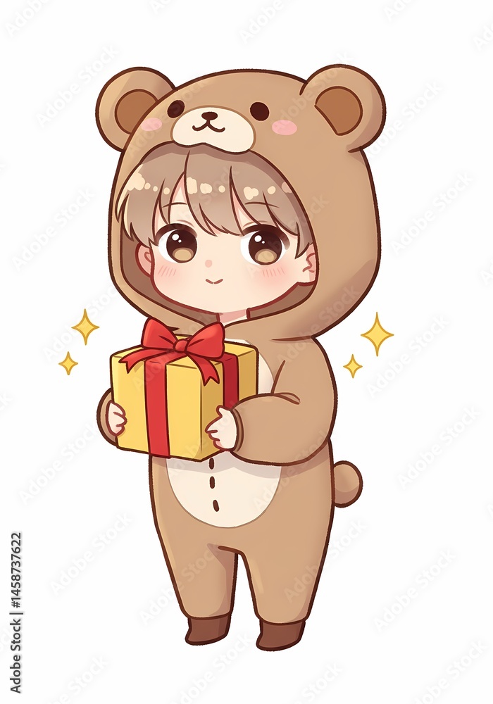 Poster chibi character in bear suit holding wrapped present, adding charm and cuteness to any project with 
