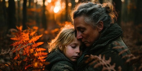Heartwarming Embrace: Grandparents with Grandson Outdoors