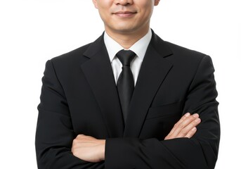 Man in black suit with arms crossed posing confidently against a white studio background close up shot