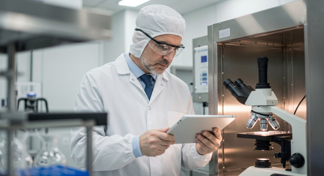 A mature male scientist in a sterile white lab coat and protective headwear, meticulously reviewing data on a tablet computer while observing a microscope in a modern, high-tech laboratory setting.