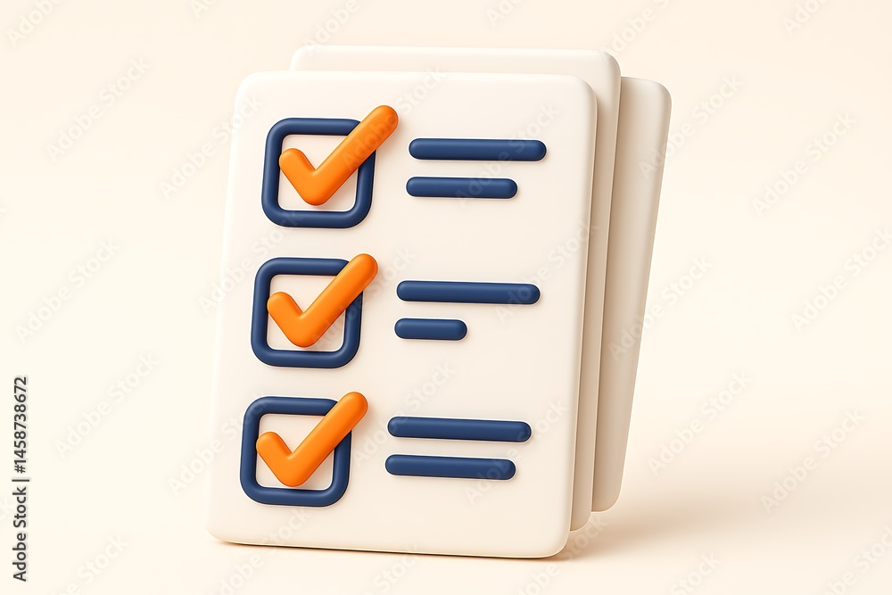 Poster 3d checklist with checkboxes and lines in orange and blue design on a soft beige background