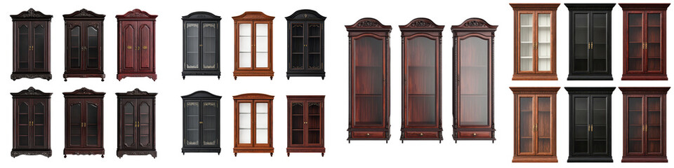 An assortment of antique wooden cabinets and armoires in various traditional designs.