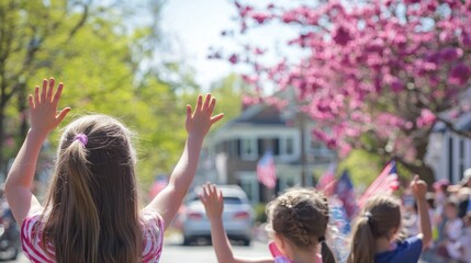 Obraz premium Kids waving flags while watching a Memorial Day parade