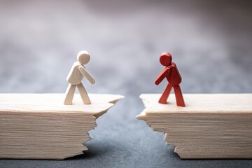 Wooden figurines representing connection and separation on a split surface highlighting contrast in relationships