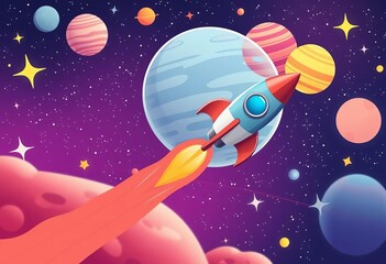 Cartoon rocket soaring past colorful planets and twinkling stars in space, playful, exploration