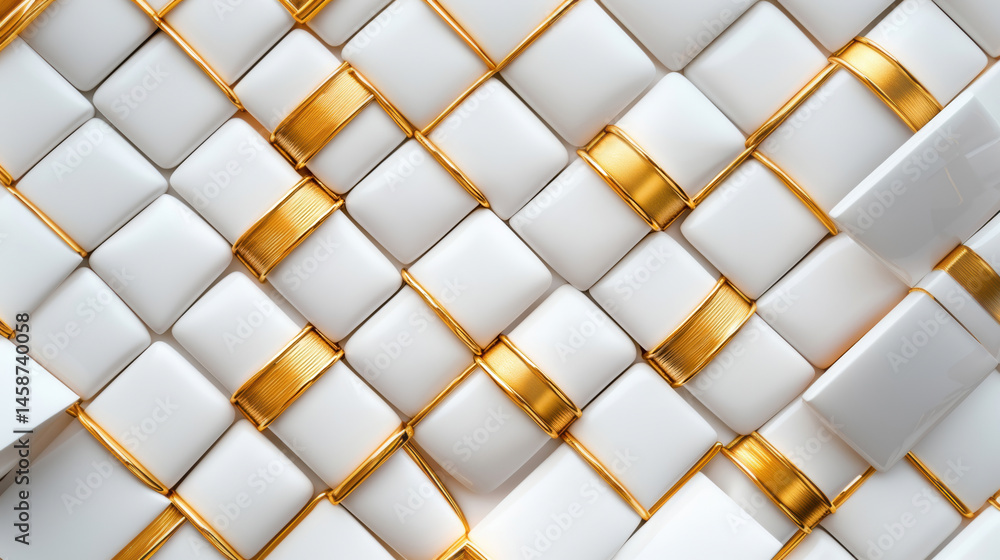 Poster close-up of a luxurious woven pattern made of white tiles and shiny golden bands, creating an elegan