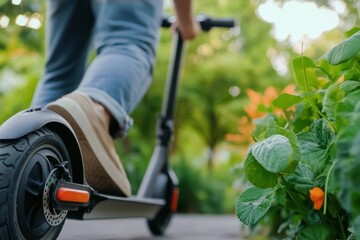 Riding an electric scooter through a lush park path surrounded by vibrant greenery and blooming flowers in the daytime